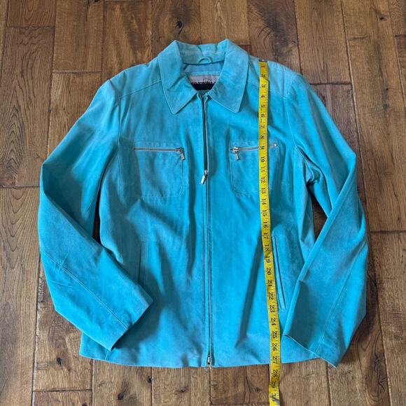 VTG Y2K Zip Front Suede Leather Jacket Women's XL Aqua Blue Saguaro Collared - Picture 4 of 8